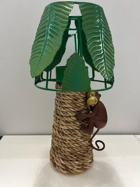 Vintage Wicker & Metal Monkey Palm Tree Tealight Holder Removable Leaf Shade